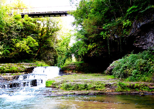 Waterfall, hiking path, walking bridge